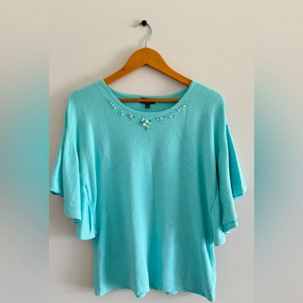 The Limited Flowy Boho Magical Embroidered Top Flutter Sleeve Blouse Blue Sz L
